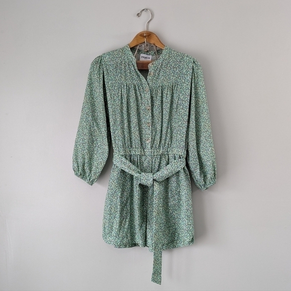 FRNCH Pants - FRNCH Romper Women's Large Green Floral Talia Sage Tie Waist Puff Sleeve